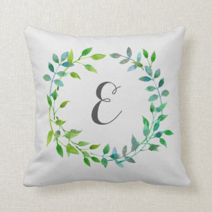 Coussin Vague de feuilles vertes d'aquarelle  Monogramme