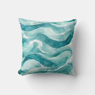 Coussin Vagues Abstraites d'Océan à l'Aquarelle Turquoise