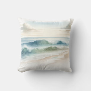 Coussin Vagues de plage à l'aquarelle Rustique Côtière
