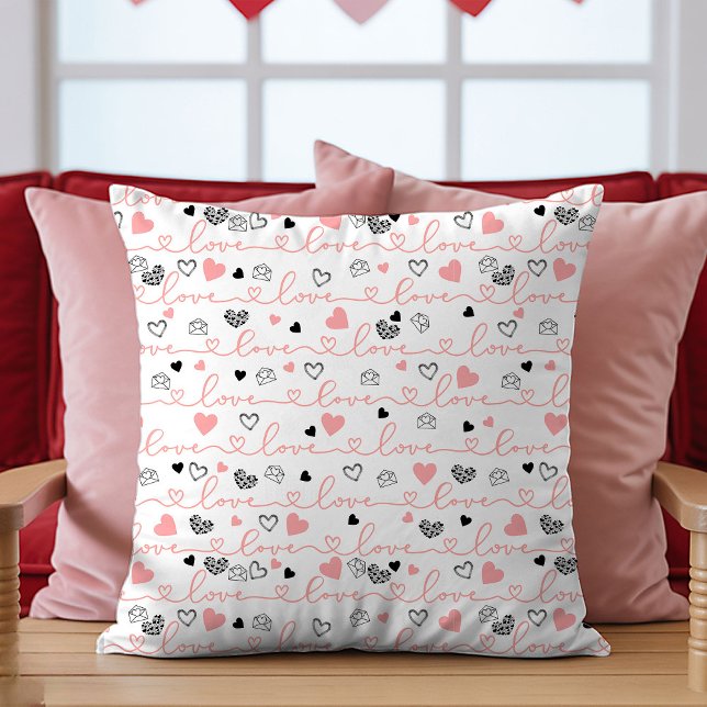 Coussin Valentine’s Day Pillow Pink Black Hearts Sketch  (Valentine’s Day Pillow Pink Black Hearts Sketch Art)