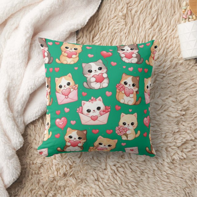 Coussin Valentine's Day Kawaii Cat Pattern Throw Pillow (Couverture)