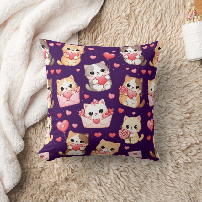 Coussin Valentine's Day Kawaii Cat Pattern Throw Pillow (Couverture)
