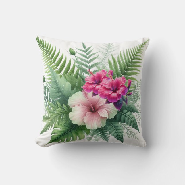 Coussin Végétation tropicale et fleurs d'Hibiscus (Recto)