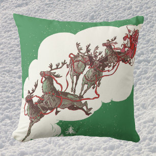 Coussin Veille de Noël vintage, Père Noël rétro en traînea