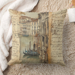 Coussin Venise vintage canal avec écriture manuscrite