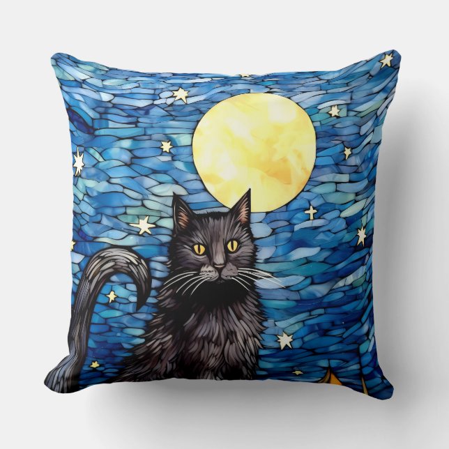 Coussin Verre tendu Chat noir Starry nuit (Recto)