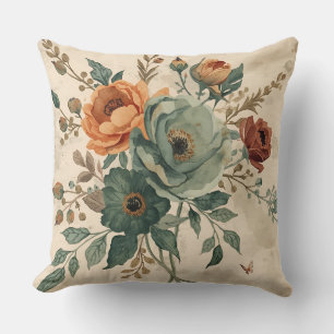Coussin Vert Chasseur Orange Brûlée Sauge Floral Campagnar
