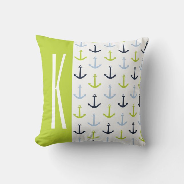 Coussin Vert chaux, bleu clair, marine, Ancres nautiques (Recto)