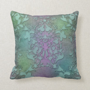Coussin Vert en détresse Damassé Moderne Art Violet Turquo