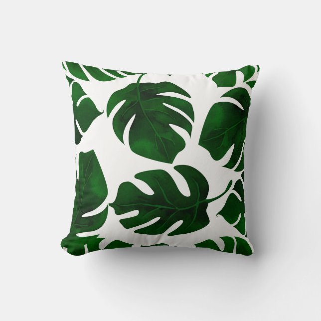 Coussin Vert foncé Tropical Feuille Blanc Été Chic (Recto)