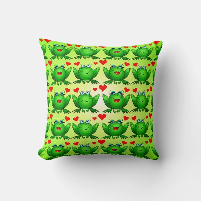 Coussin Vert heureux de coeurs d'amour de bande dessinée (Recto)