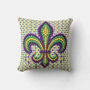 Coussin Vert jaune pourpre Mardi Gras fleur de lis