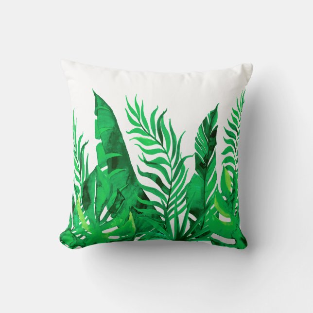 Coussin Vert luxuriant - feuillage tropical d'aquarelle - (Recto)