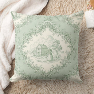 Coussin Vert menthe toile de Jouy florale - Maison de camp