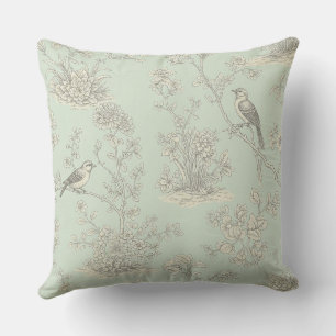 Coussin Vert menthe toile de Jouy française oiseaux et fle