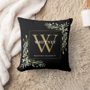 Coussin Vert moderne Floral Noir Or initial Monogramme