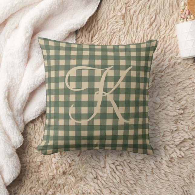 Coussin Vert Monogramme Tan Buffalo Plaid Rustique Campagn (Couverture)