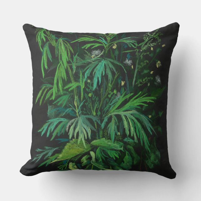Coussin Vert & Noir, art floral, verdure estivale, pastel (Recto)