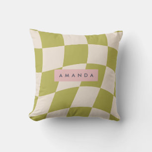 Coussin Vert olive personnalisé Vague à carreaux Rétro