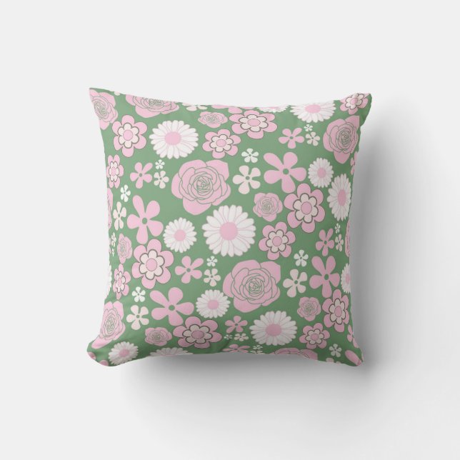 Coussin Vert rose blanc rétro Y2K les années 70 Fleur Moti (Recto)