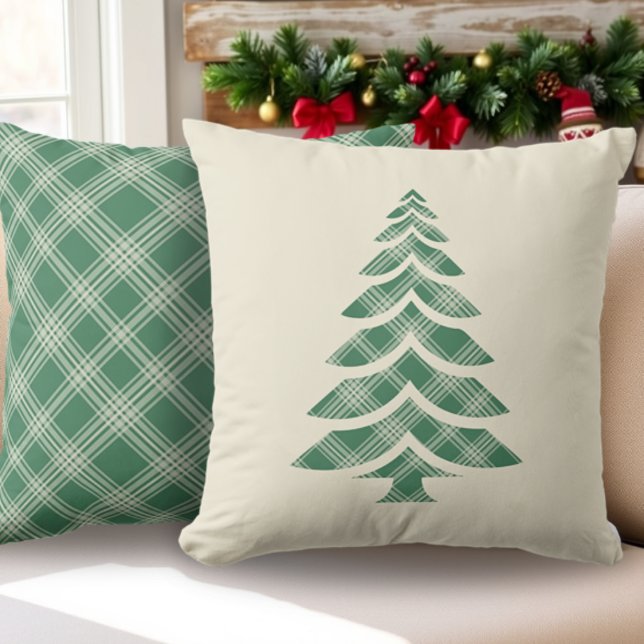 Coussin Vert rustique à carreaux arbre de Noël en pin  (Créateur téléchargé)