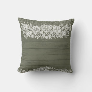 Coussin Vert sauge Bois rustique et dentelle blanche Ferme