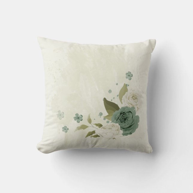 Coussin vert sauge et fleur blanche (Recto)
