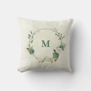 Coussin vert sauge et fleur blanche