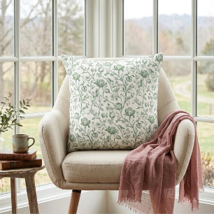 Coussin Vert sauge toile florale française de jardin vinta