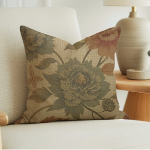 Coussin Vert sauge vintage et floral orange