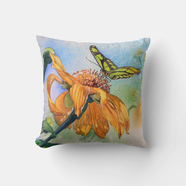 Coussin vert tropical d'aquarelle de papillon (Recto)
