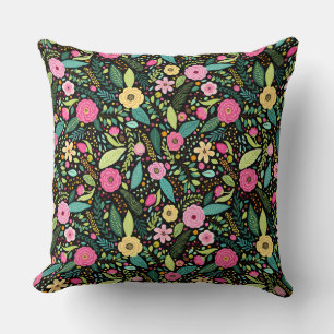 Coussin Vibrant Floral Noir rose Jaune Motif