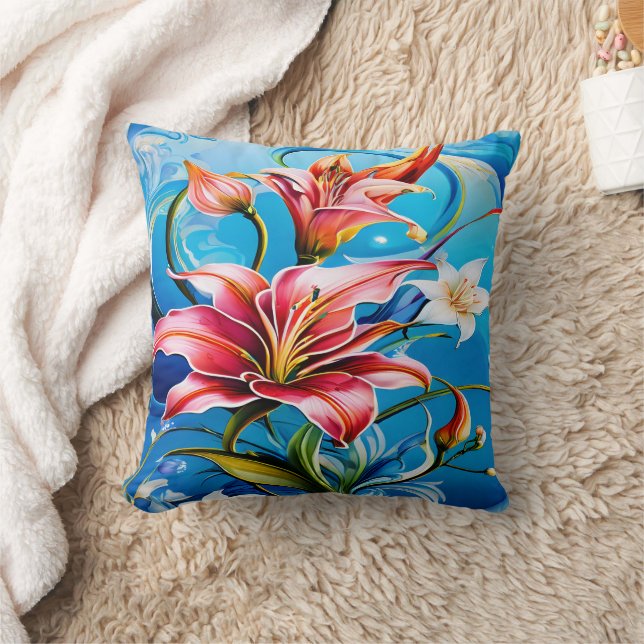 Coussin Vibrant Lily fleurit sur fond bleu (Couverture)
