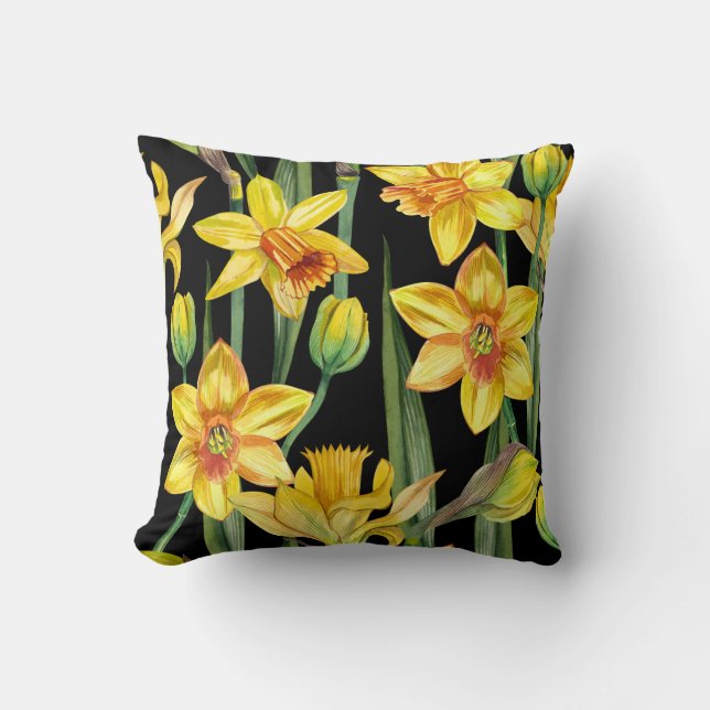 Coussin vibrant yellow daffodils and green stems  (Recto)