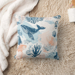 Coussin Vie marine de baleine côtière Corail Bleu Pêche (1