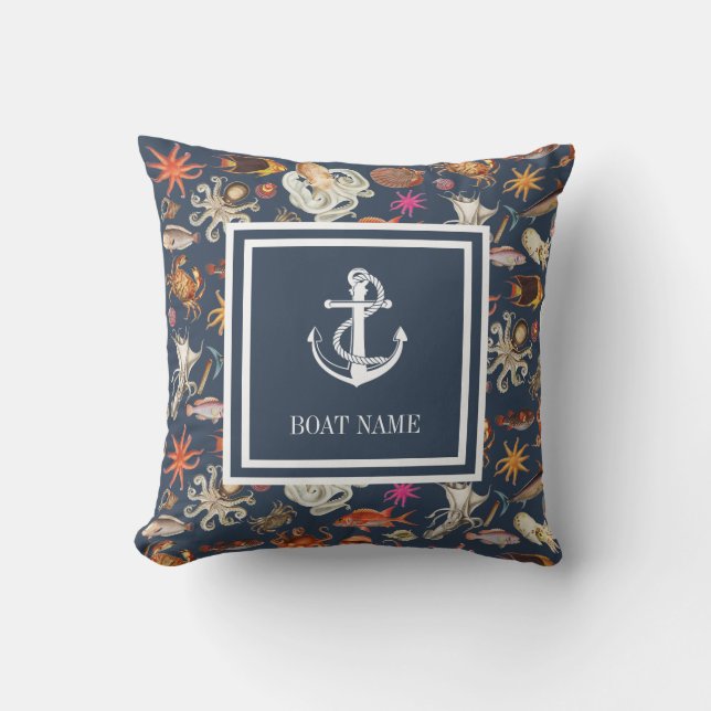 Coussin Vie marine Marine Bleu Ancre nautique Nom du batea (Recto)