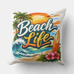 Coussin Vie Plage – Surf au coucher de soleil tropical
