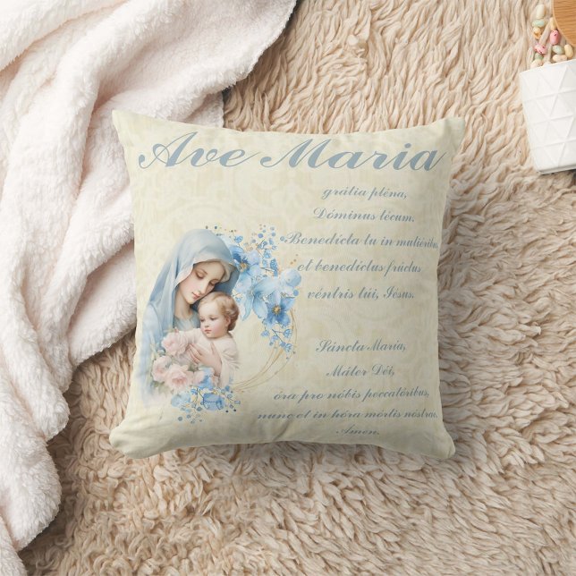 Coussin Vierge catholique Marie Jésus Bleu Floral Ave Mari ( Made from high-quality Simplex knit fabric, these 100% polyester pillows are soft and wrinkle-free.)