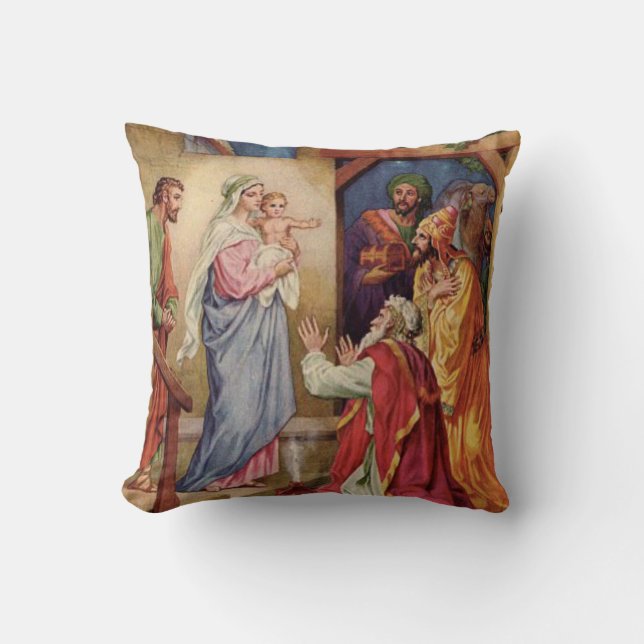 Coussin Vierge Marie, trois rois, Jésus, St Joseph, Magi (Recto)