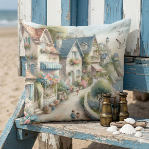Coussin Village de cottage côtier pastel, un Évasion