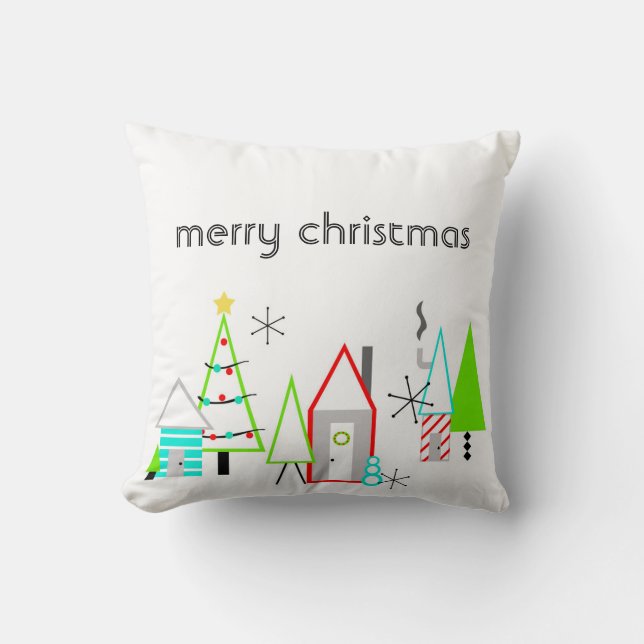 Coussin village de Noël moderne du milieu du siècle (Recto)