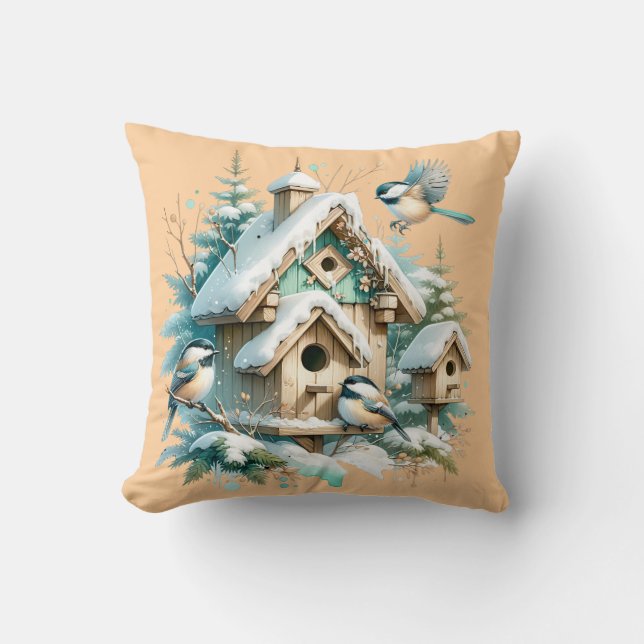Coussin Village d'oiseaux de Chickadee d'hiver (Recto)