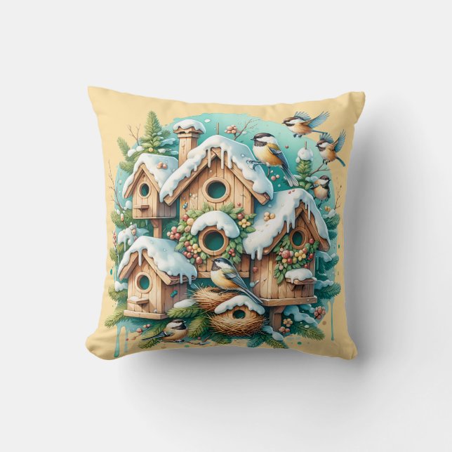 Coussin Village d'oiseaux de Chickadee d'hiver (Recto)