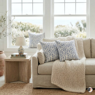 Coussin Vin élégant côtier à motif floral en bleu indigo i