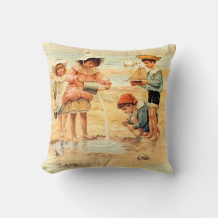 Coussin Vintage Antique Beach Boy Girl Enfants Art