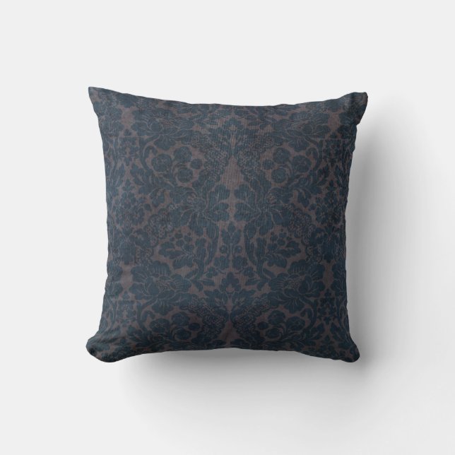 Coussin Vintage Antique dévêtu bleu foncé Damas Floral (Recto)