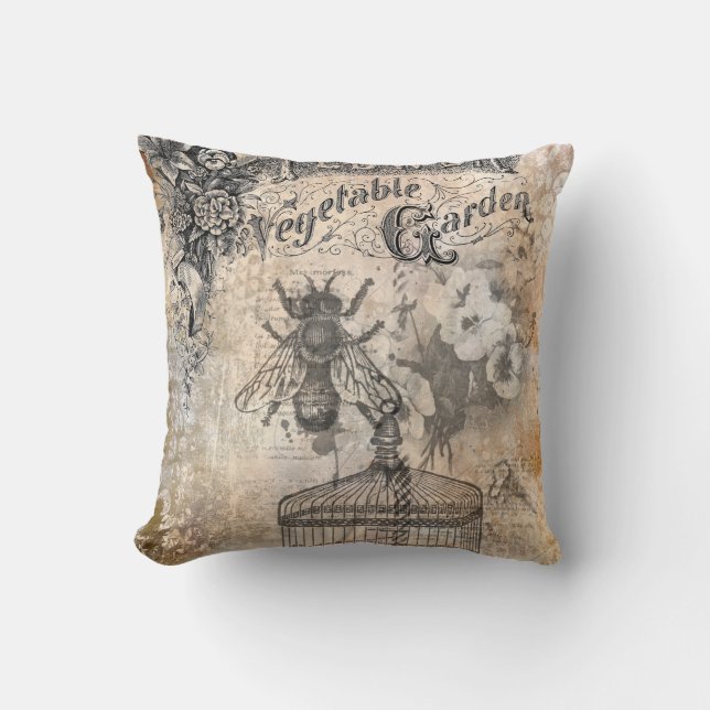 Coussin Vintage Bee et jardin fleuri  (Recto)