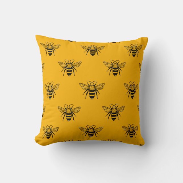 Coussin Vintage Bee Motif, Jaune Noir. (Recto)