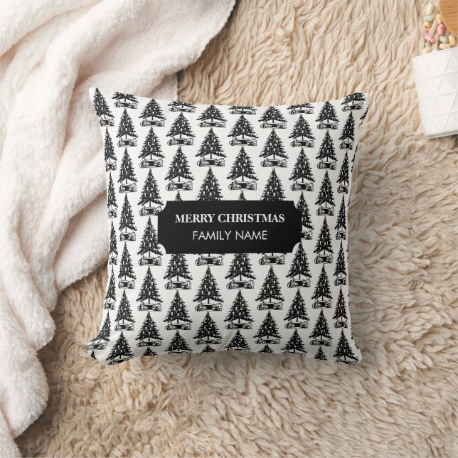 Coussin Vintage Black White Christmas Tree Nom personnalis (Couverture)