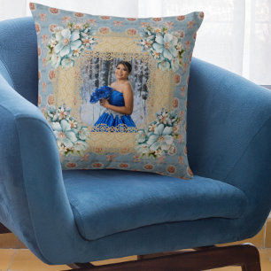 Coussin Vintage bleu Damas Quinceañera Mémoire